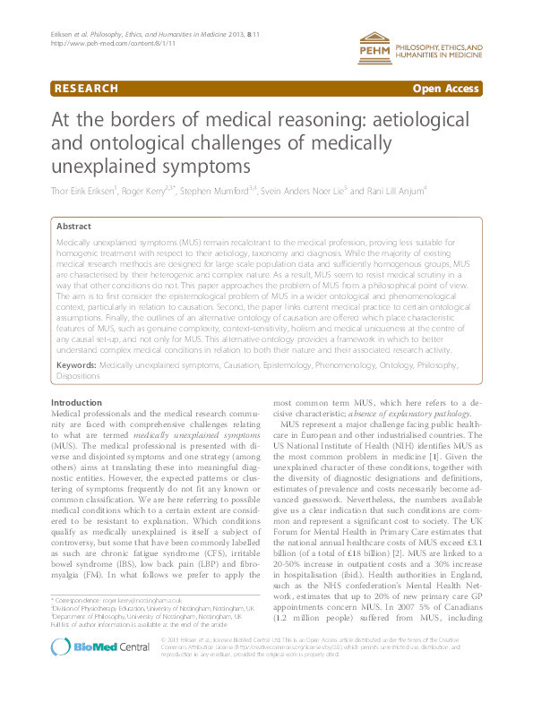 At the borders of medical reasoning: aetiological and ontological challenges of medically unexplained symptoms Thumbnail
