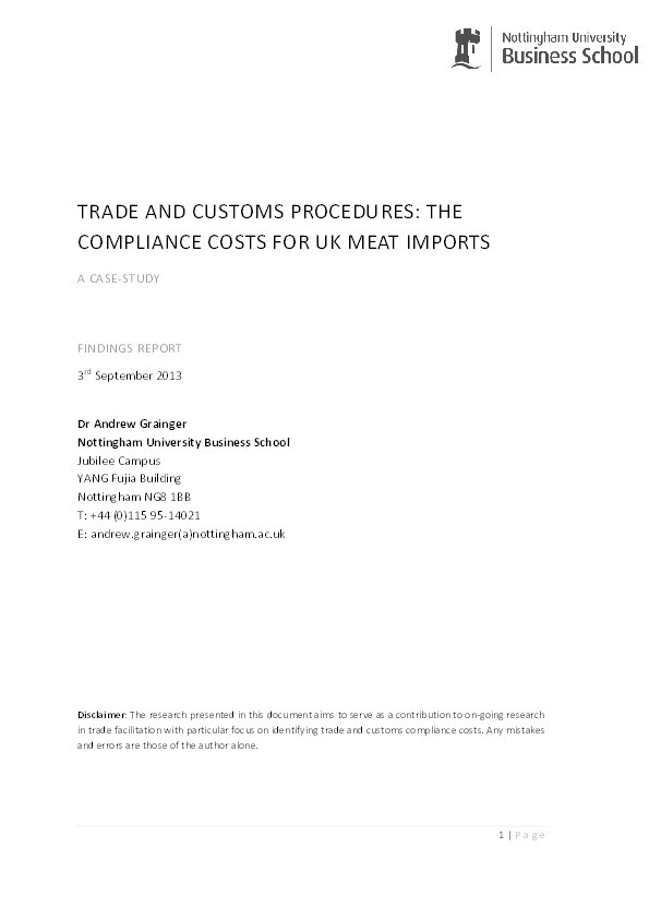 Trade and customs procedures: the compliance costs for UK meat imports: a case study Thumbnail