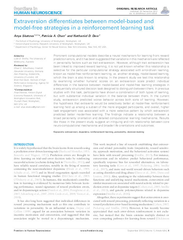 Extraversion differentiates between model-based and model-free strategies in a reinforcement learning task Thumbnail