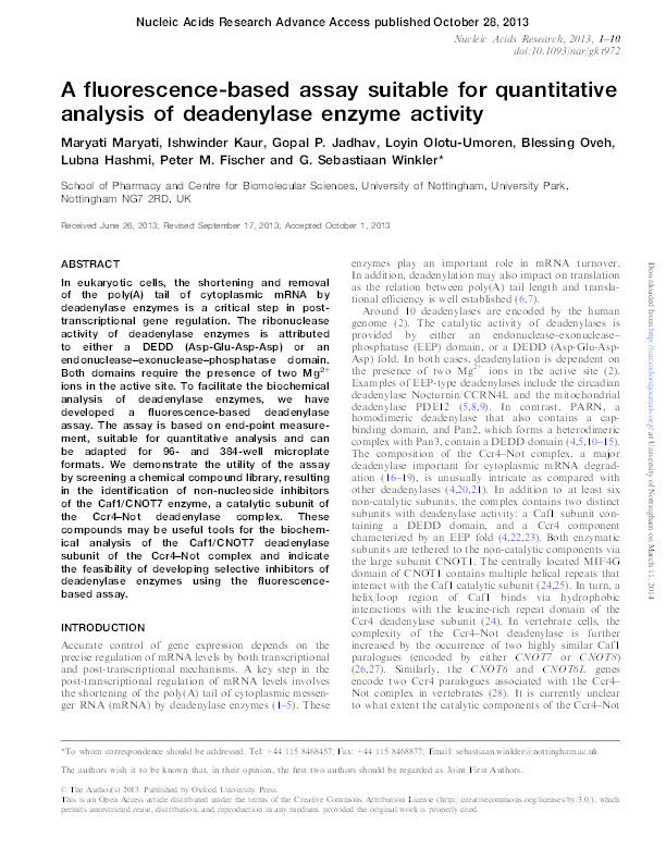 A fluorescence-based assay suitable for quantitative analysis of deadenylase enzyme activity Thumbnail