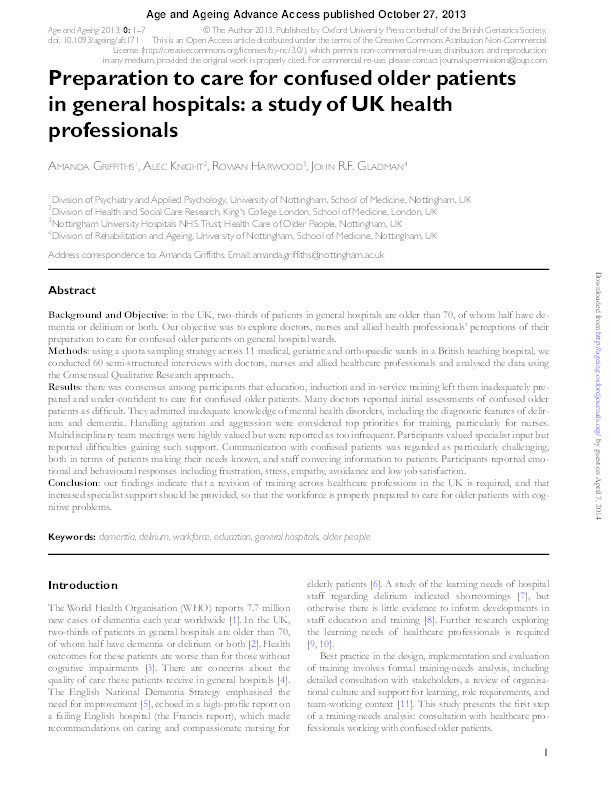 Preparation to care for confused older patients in general hospitals: a study of UK health professionals Thumbnail