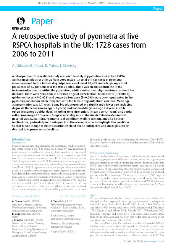 A retrospective study of pyometra at five RSPCA hospitals in the United Kingdom: 1,728 cases from 2006-2011 Thumbnail