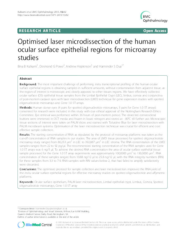 Optimised laser microdissection of the human ocular surface epithelial regions for microarray studies Thumbnail