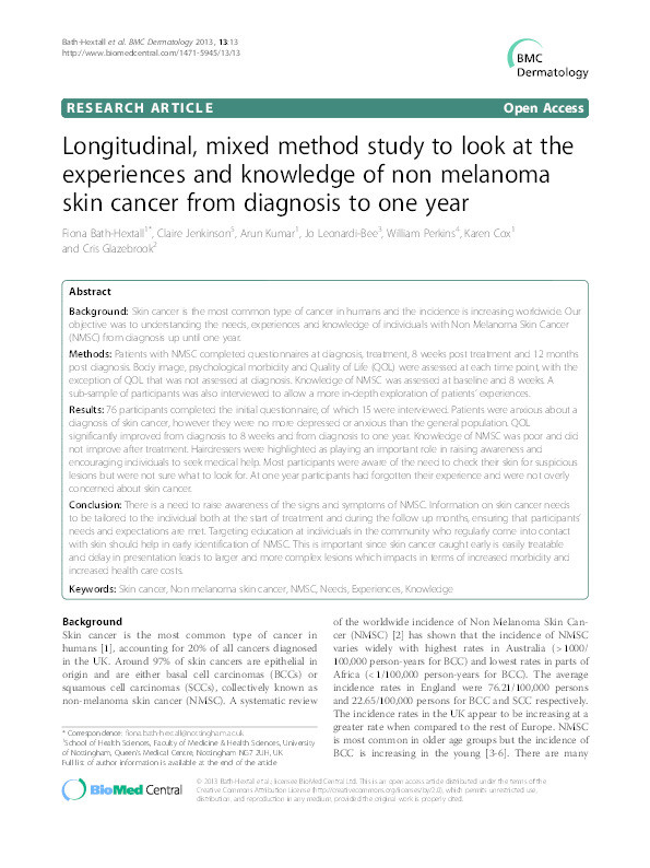 Longitudinal, mixed method study to look at the experiences and knowledge of non melanoma skin cancer from diagnosis to one year Thumbnail