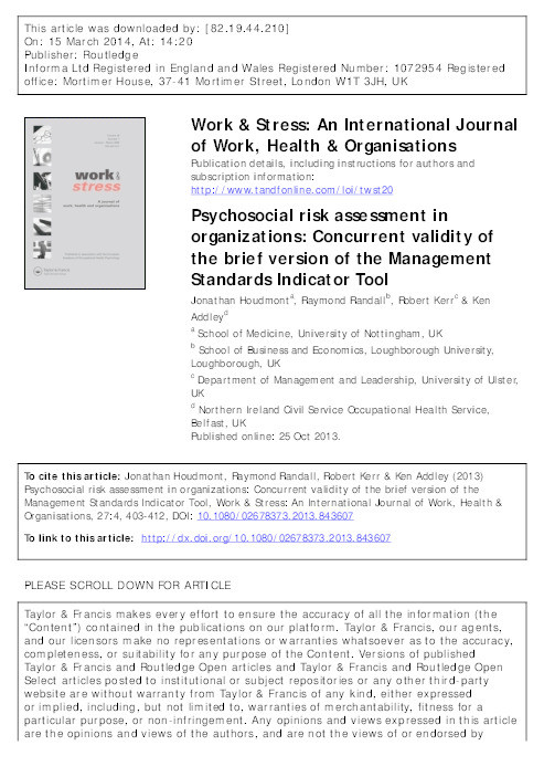 Psychosocial risk assessment in organizations: concurrent validity of the brief version of the Management Standards Indicator Tool Thumbnail