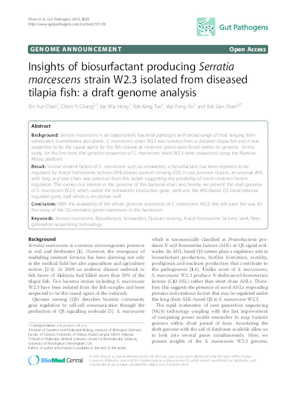 Insights of biosurfactant producing Serratia marcescens strain W2.3 isolated from diseased tilapia fish: a draft genome analysis Thumbnail
