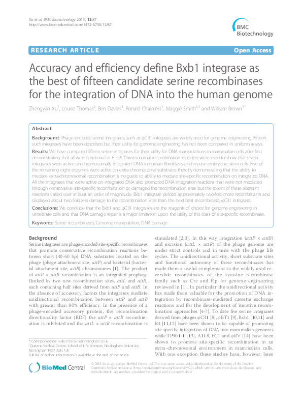 Accuracy and efficiency define Bxb1 integrase as the best of fifteen candidate serine recombinases for the integration of DNA into the human genome Thumbnail