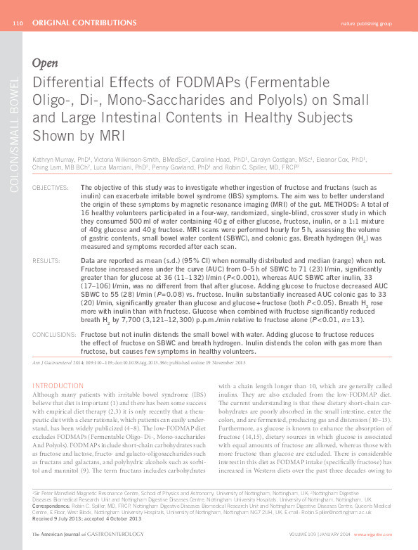 Differential Effects of FODMAPs (Fermentable Oligo-, Di-, Mono-Saccharides and Polyols) on Small and Large Intestinal Contents in Healthy Subjects Shown by MRI Thumbnail
