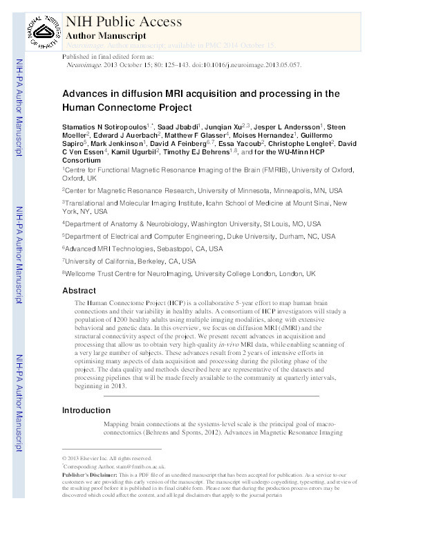 Advances in diffusion MRI acquisition and processing in the Human Connectome Project Thumbnail