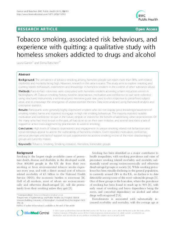 Tobacco smoking, associated risk behaviours, and experience with quitting: a qualitative study with homeless smokers addicted to drugs and alcohol Thumbnail