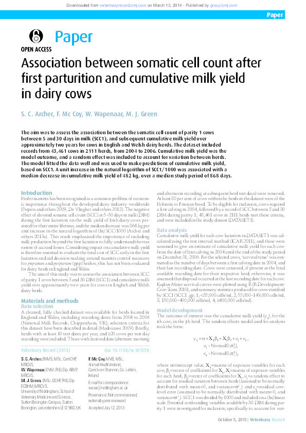 Association between somatic cell count after first parturition and cumulative milk yield in dairy cows Thumbnail
