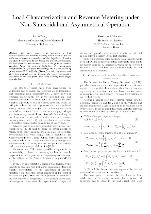 Load characterization and revenue metering under non-sinusoidal and asymmetrical operation Thumbnail