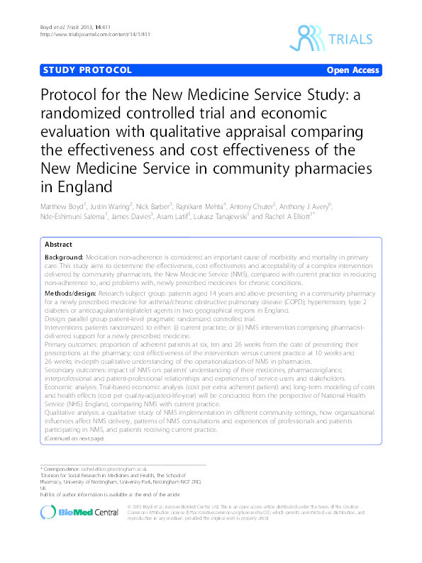 Protocol for the New Medicine Service Study: a randomized controlled trial and economic evaluation with qualitative appraisal comparing the effectiveness and cost effectiveness of the New Medicine Service in community pharmacies in England Thumbnail