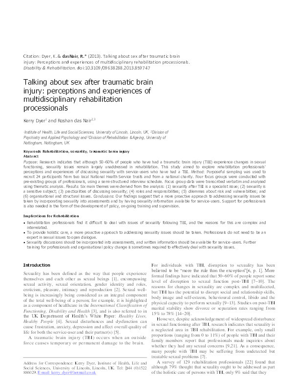 Talking about sex after traumatic brain injury: perceptions and experiences of multidisciplinary rehabilitation professionals Thumbnail