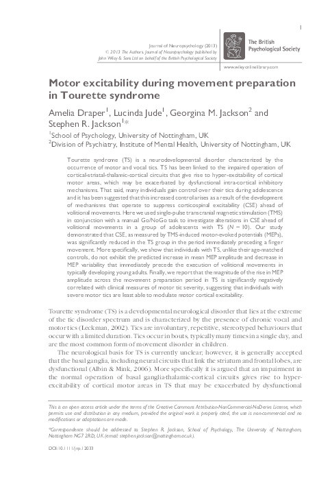 Motor excitability during movement preparation in Tourette syndrome Thumbnail