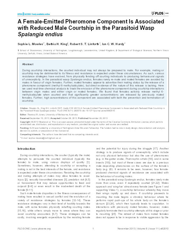 A female-emitted pheromone component is associated with reduced male courtship in the parasitoid wasp Spalangia endius Thumbnail