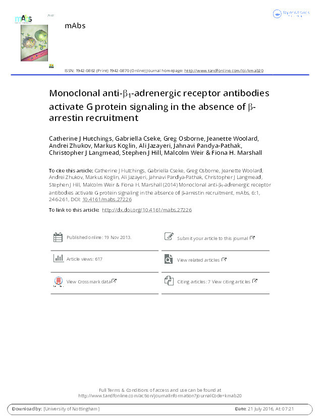 Monoclonal anti-?1-adrenergic receptor antibodies activate G protein signaling in the absence of ?-arrestin recruitment Thumbnail