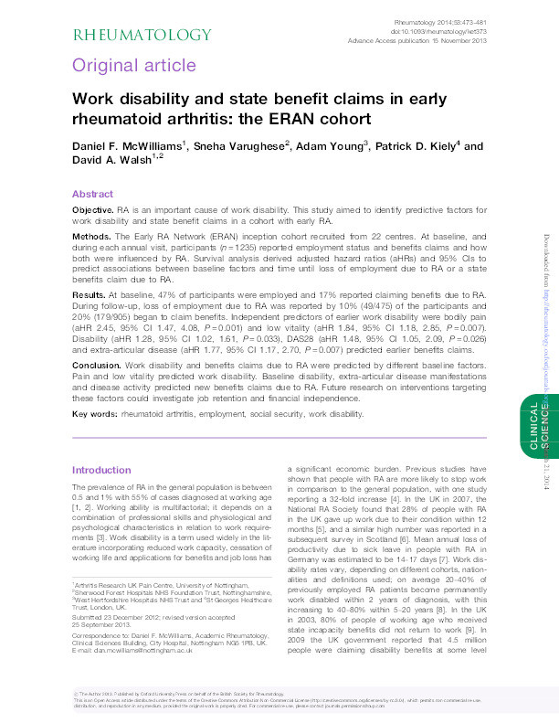 Work disability and state benefit claims in early rheumatoid arthritis: the ERAN cohort Thumbnail