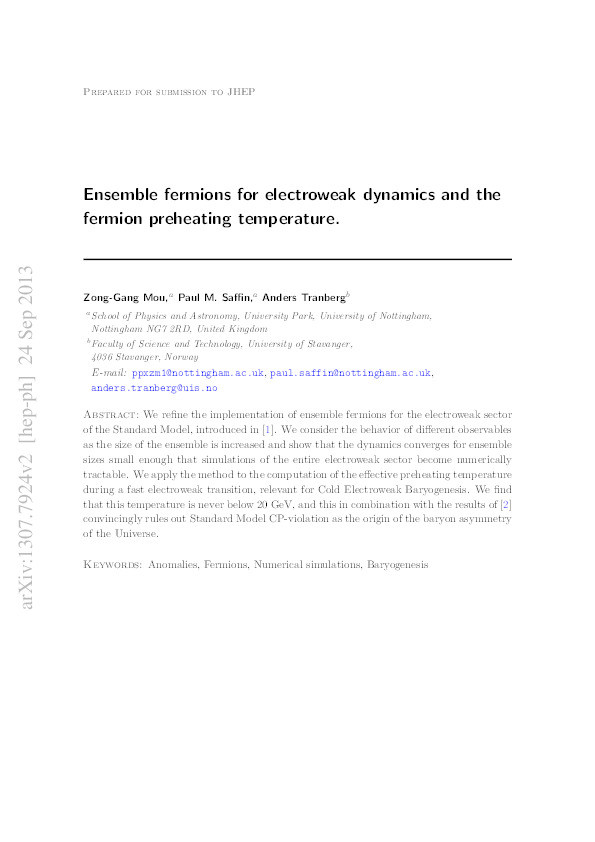 Ensemble fermions for electroweak dynamics and the fermion preheating temperature Thumbnail