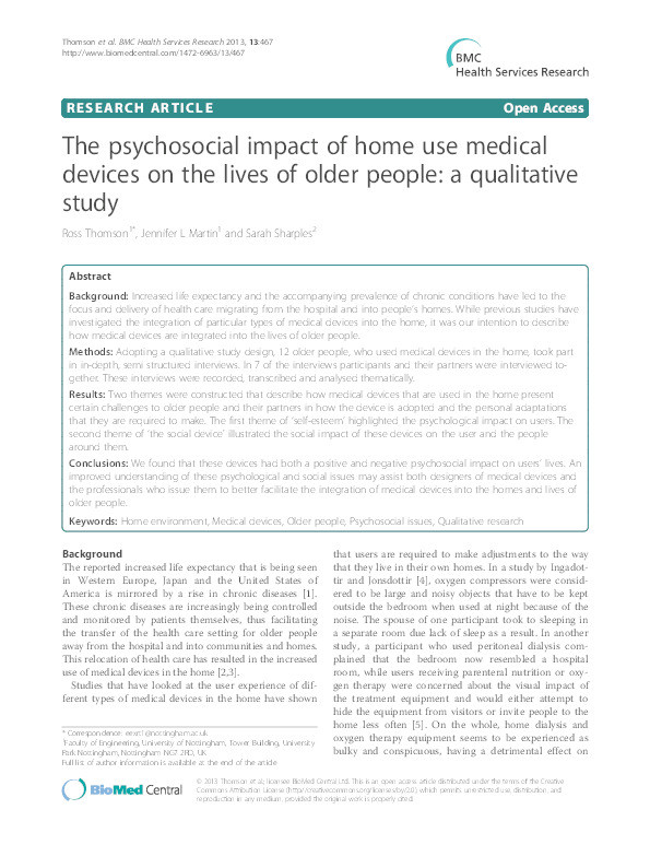 The psychosocial impact of home use medical devices on the lives of older people: a qualitative study Thumbnail