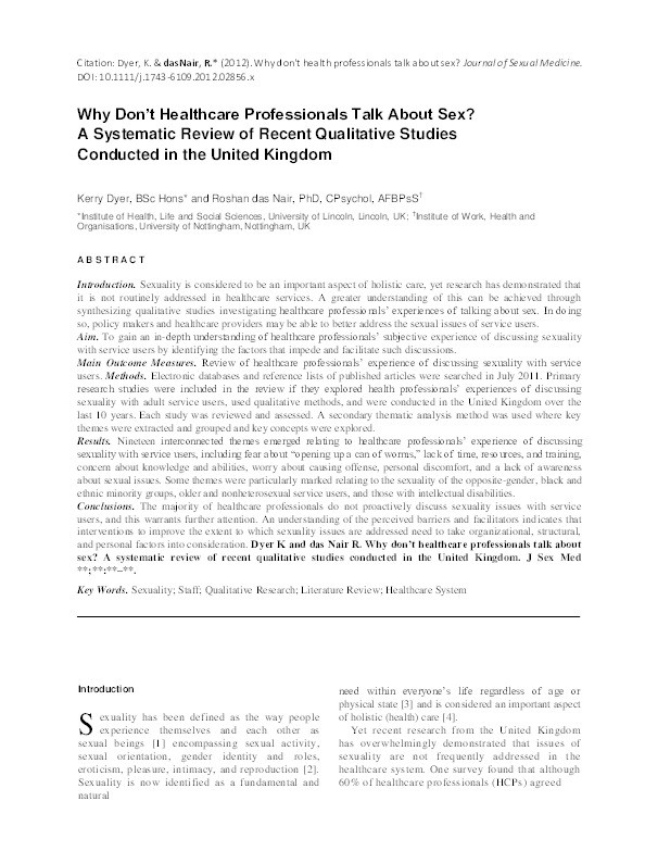 Why don't healthcare professionals talk about sex?: a systematic review of recent qualitative studies conducted in the United Kingdom Thumbnail