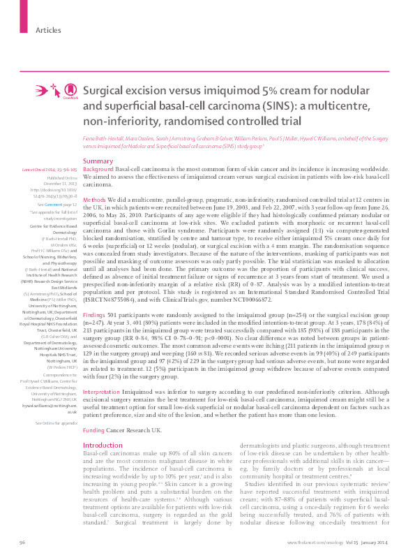 Surgical excision versus imiquimod 5% cream for nodular and superficial basal-cell carcinoma (SINS): a multicentre, non-inferiority, randomised controlled trial Thumbnail