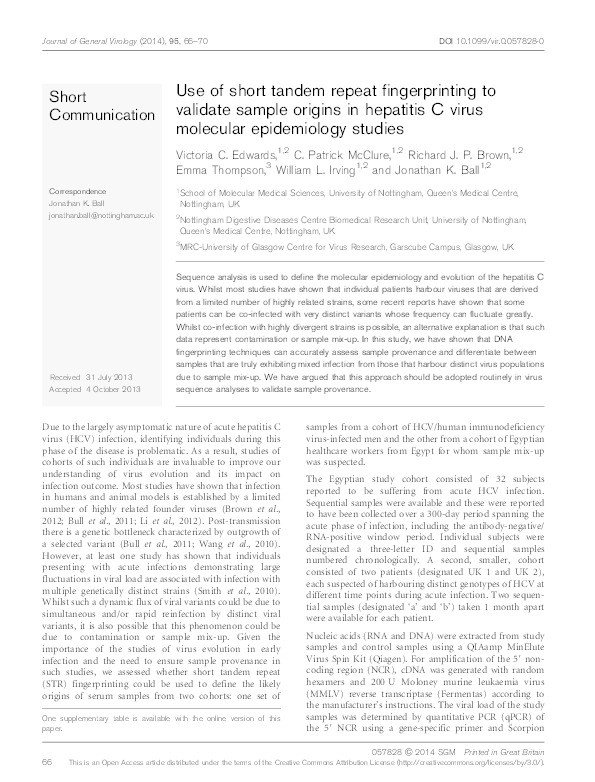 Use of short-tandem repeat (STR) fingerprinting to validate sample origins in hepatitis C virus molecular epidemiology studies Thumbnail