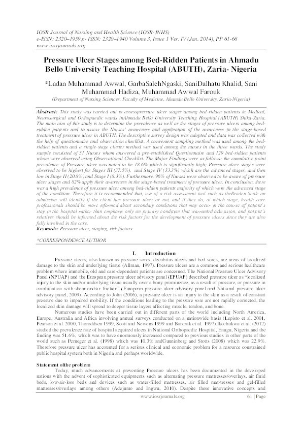 Pressure ulcer stages among bed-ridden patients in Ahmadu Bello University Teaching Hospital (ABUTH), Zaria- Nigeria Thumbnail