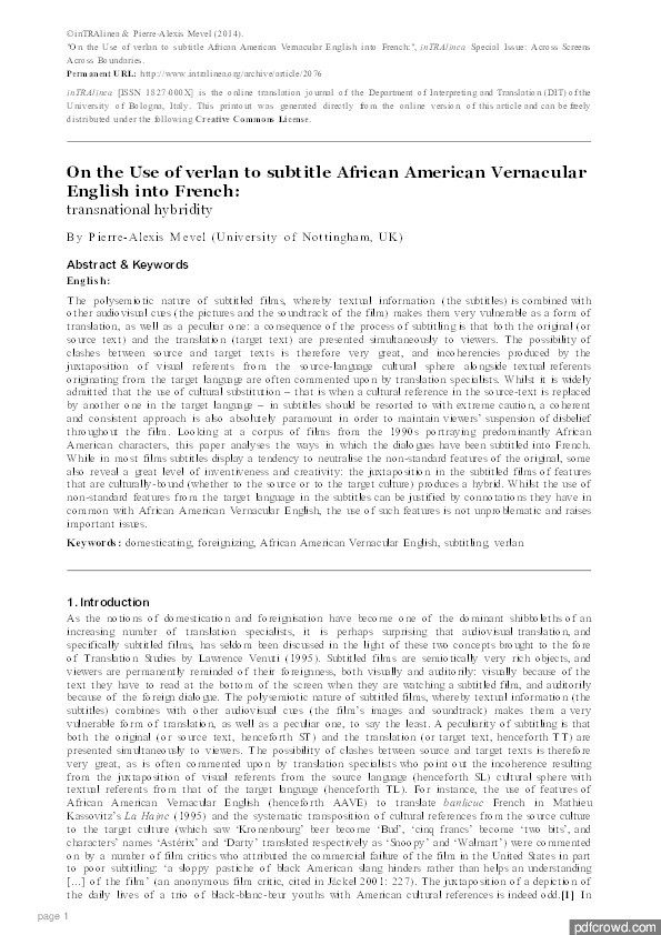 On the use of verlan to subtitle African American Vernacular English into French: transnational hybridity Thumbnail