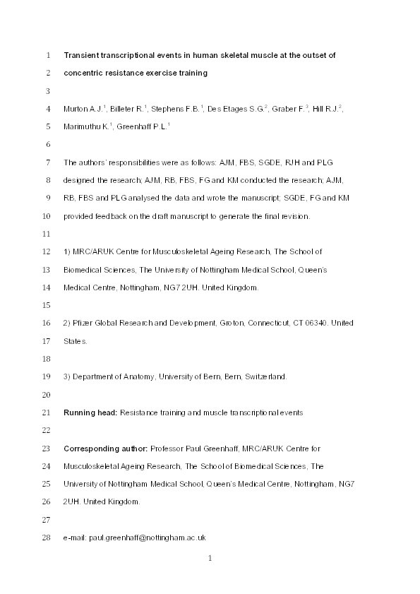 Transient transcriptional events in human skeletal muscle at the outset of concentric resistance exercise training Thumbnail