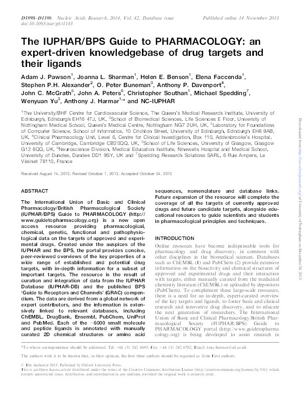 The IUPHAR/BPS Guide to PHARMACOLOGY: an expert-driven knowledgebase of drug targets and their ligands Thumbnail
