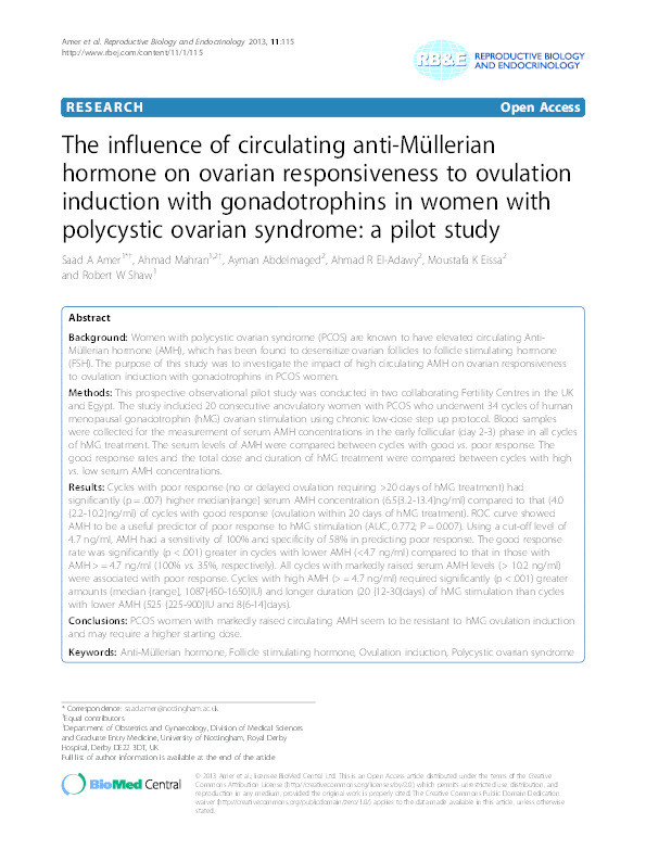 The influence of circulating anti-Müllerian hormone on ovarian responsiveness to ovulation induction with gonadotrophins in women with polycystic ovarian syndrome: a pilot study Thumbnail
