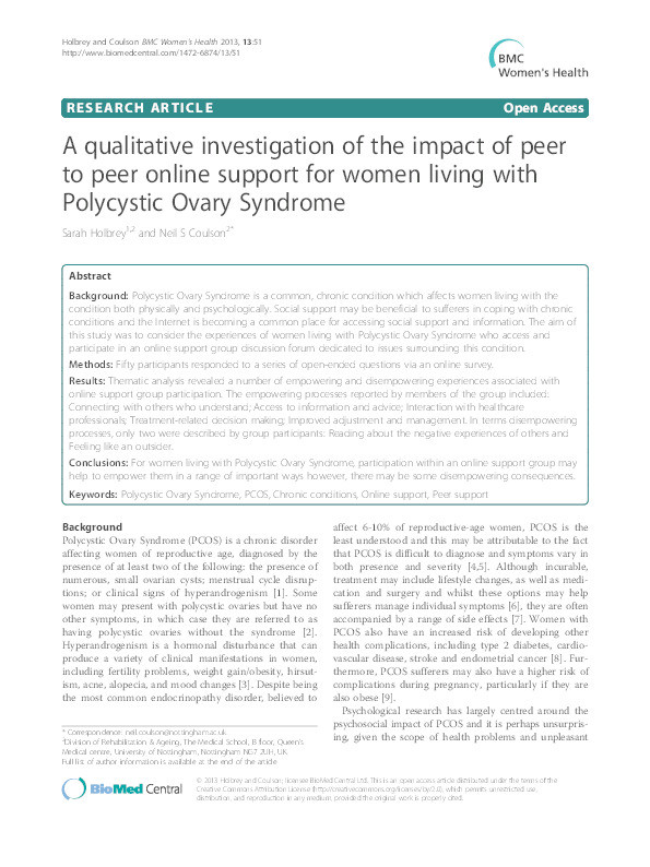 A qualitative investigation of the impact of peer to peer online support for women living with Polycystic Ovary Syndrome Thumbnail