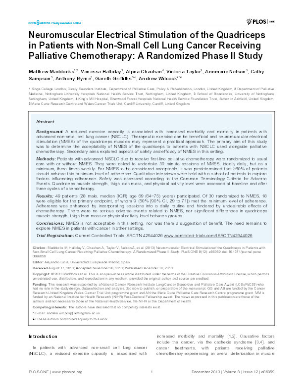 Neuromuscular electrical stimulation of the quadriceps in patients with non-small cell lung cancer receiving palliative chemotherapy: a randomized Phase II study Thumbnail