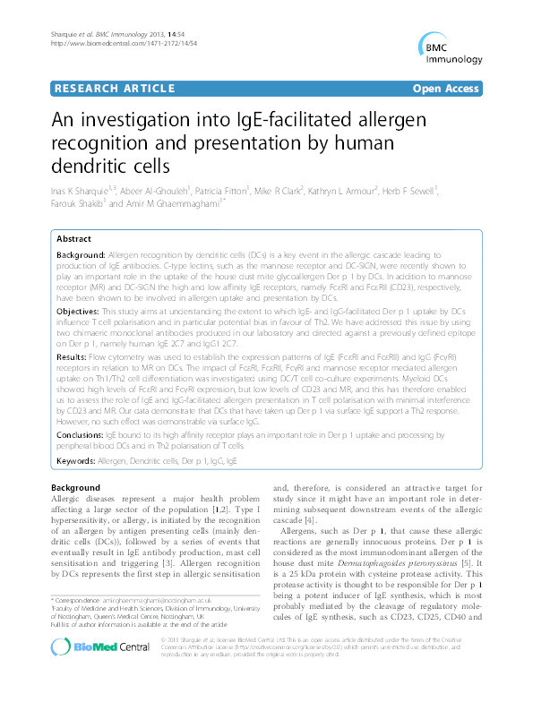 An investigation into IgE-facilitated allergen recognition and presentation by human dendritic cells Thumbnail