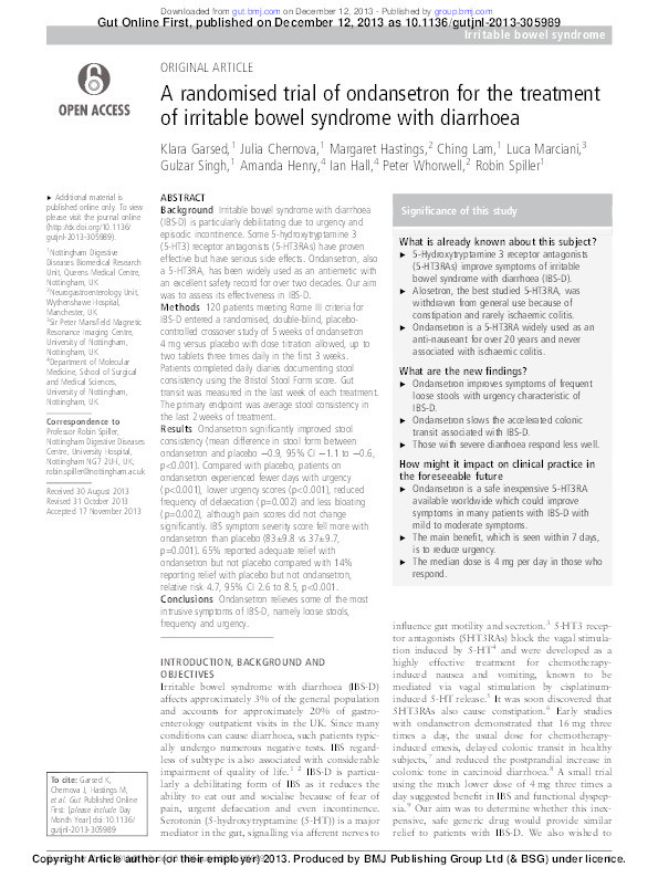 A randomised trial of ondansetron for the treatment of irritable bowel syndrome with diarrhoea Thumbnail