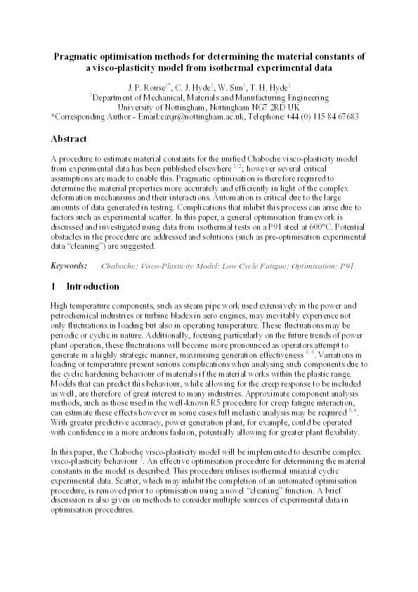 Pragmatic optimisation methods for determining material constants of viscoplasticity model from isothermal experimental data Thumbnail