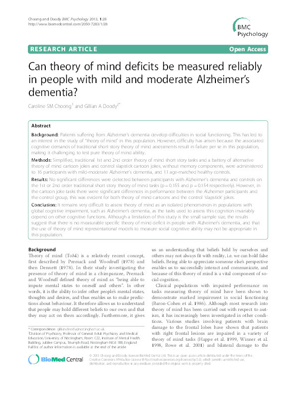 Can theory of mind deficits be measured reliably in people with mild and moderate Alzheimer’s dementia? Thumbnail
