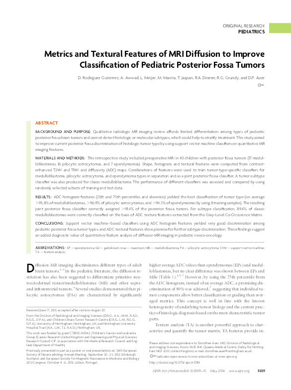 Metrics and textural features of MRI diffusion to improve classification of pediatric posterior fossa tumors Thumbnail