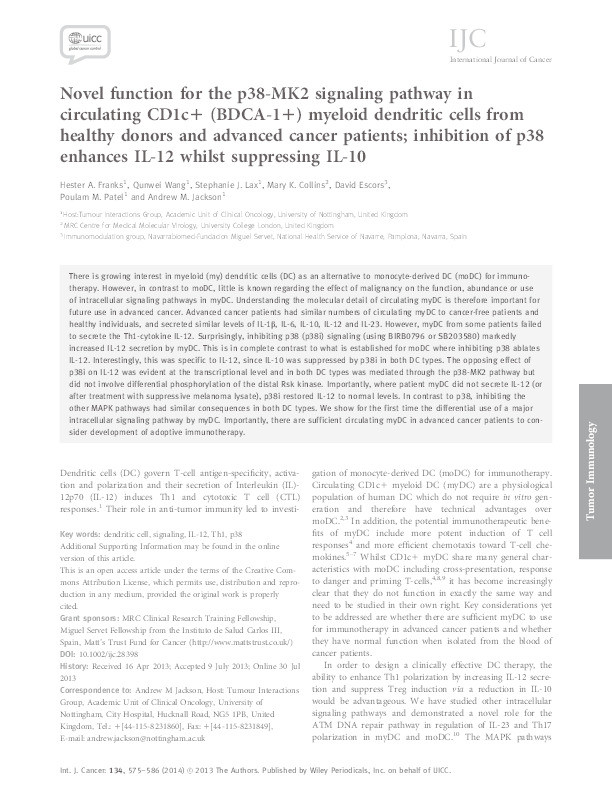 Novel function for the p38-MK2 signaling pathway in circulating CD1c+ (BDCA-1+) myeloid dendritic cells from healthy donors and advanced cancer patients; inhibition of p38 enhances IL-12 whilst suppressing IL-10 Thumbnail