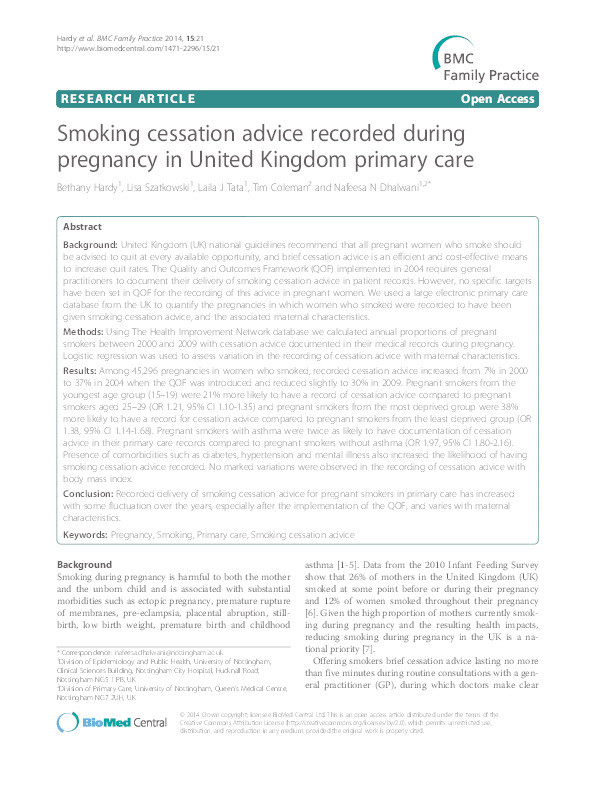 Smoking cessation advice recorded during pregnancy in United Kingdom primary care Thumbnail
