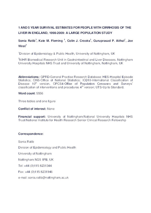 1 and 5 year survival estimates for people with cirrhosis of the liver in England, 1998–2009: a large population study Thumbnail