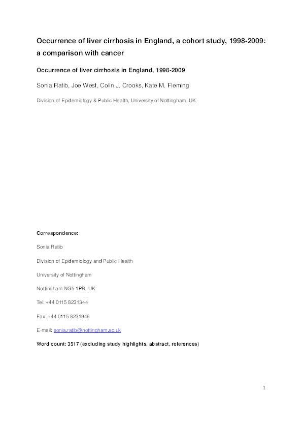 Occurrence of liver cirrhosis in England, a cohort study, 1998-2009: a comparison with cancer Thumbnail