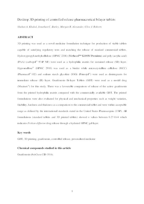 Desktop 3D printing of controlled release pharmaceutical bilayer tablets Thumbnail