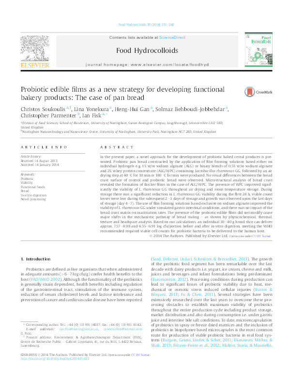 Probiotic edible films as a new strategy for developing functional bakery products: the case of pan bread Thumbnail