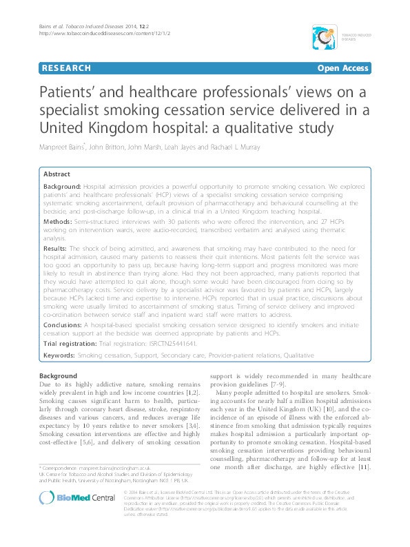 Patients' and healthcare professionals' views on a specialist smoking cessation service delivered in a United Kingdom hospital: a qualitative study Thumbnail