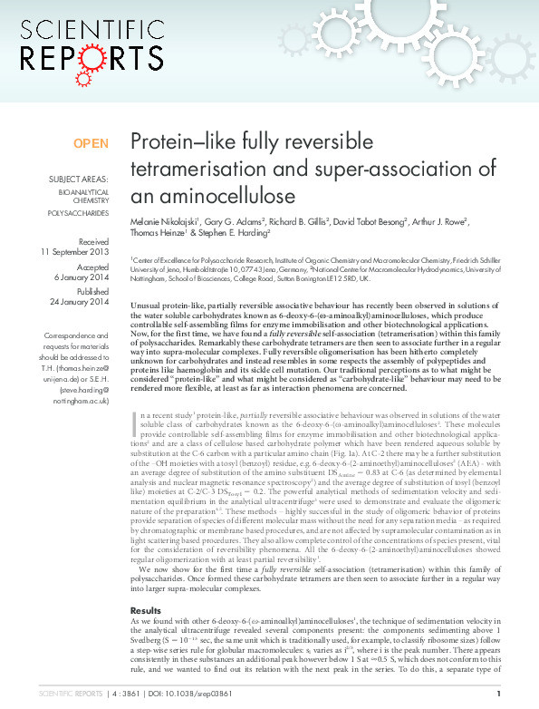 Protein-like fully reversible tetramerisation and super-association of an aminocellulose Thumbnail