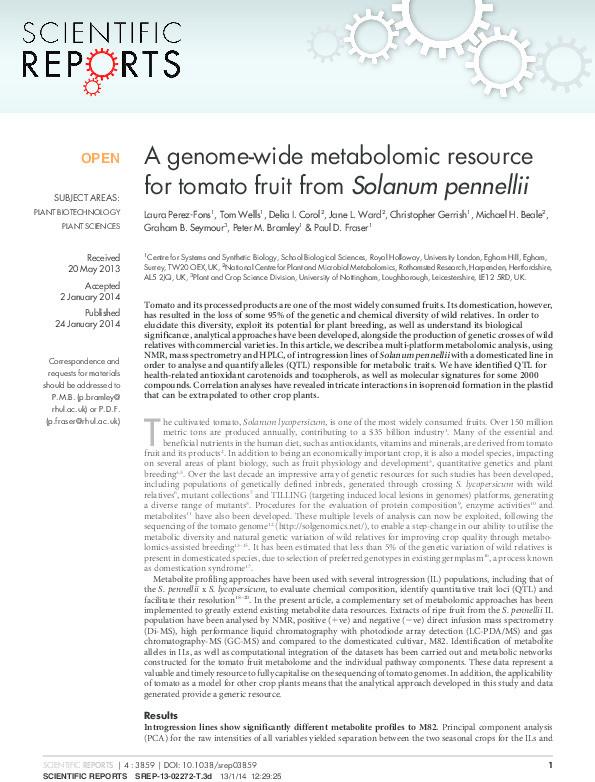 A genome-wide metabolomic resource for tomato fruit from Solanum pennellii Thumbnail