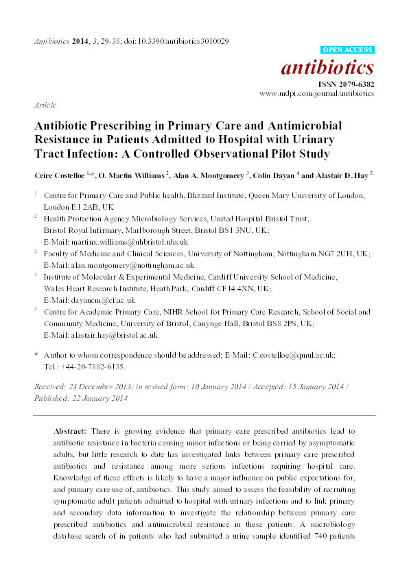 Antibiotic prescribing in primary care and antimicrobial resistance in patients admitted to hospital with urinary tract infection: a controlled observational pilot study Thumbnail