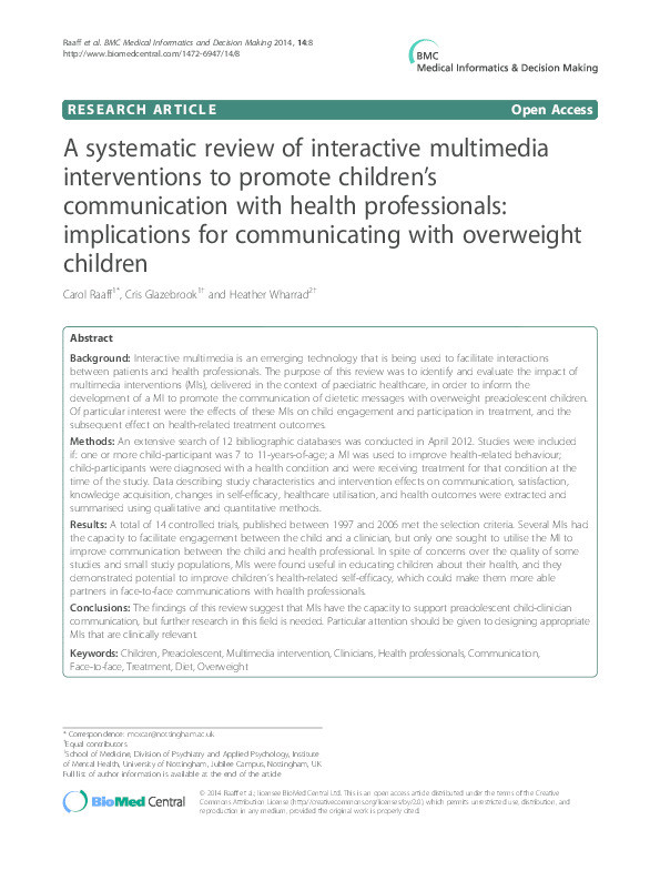 A systematic review of interactive multimedia interventions to promote children's communication with health professionals: implications for communicating with overweight children Thumbnail